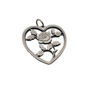 Pewter Rose Heart Design Pendant Silver Tone Unsigned